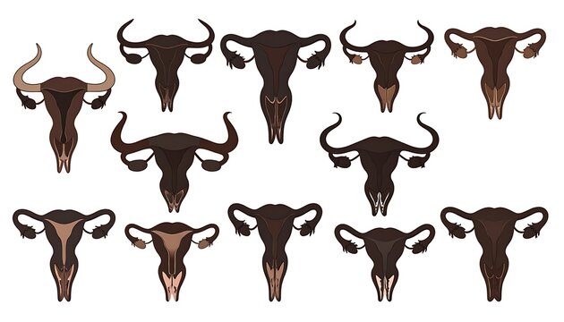 Array of simplified, stylized bovine skull graphics in varying shades of brown, horns oriented upwards, on white