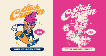 Retro Groovy Ice Cream Mascot Character Logo on Skateboard for Branding and T-Shirt © Staytoonstudio