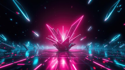Fototapeta premium Futuristic tunnel glows with vibrant neon lights. Pink, cyan hues create immersive digital landscape. Abstract shapes float within dark space.