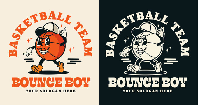 Retro Vintage Basketball Team Bounce Boy Mascot Character Logo for T-Shirt and Branding