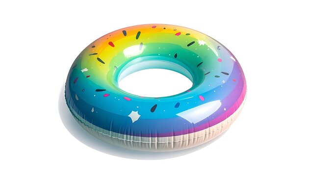 Colorful inflatable ring, donut-shaped, with rainbow hues and sprinkle-like patterns, isolated on a white background
