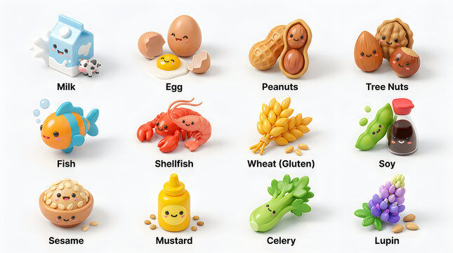 3D rendering of common food allergens including milk eggs peanuts tree nuts fish shellfish wheat soy sesame mustard celery lupin icons