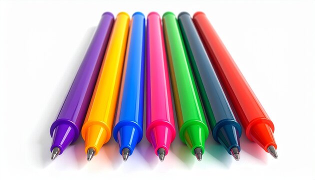 Set of six colorful gel ink pens, studio light. center frame, soft lighting, close up ,pure white background. high resolution, hyper-realistic
