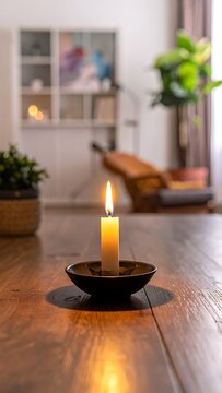 Candle on wooden table indoors lit.