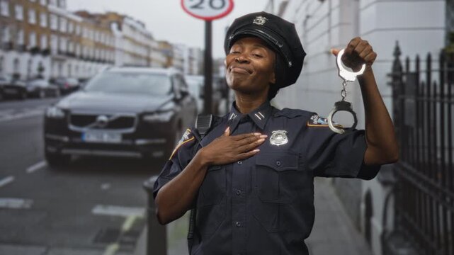 Young woman police officer in uniform and cap holding handcuffs aloft with hand on chest on street near parked car and speed sign; pride authority.