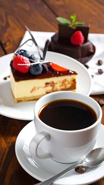 Coffee and dessert on wooden table.