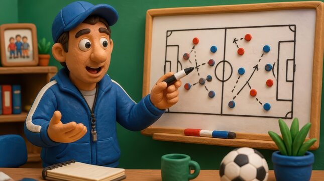 A whimsical and tactile claymation scene featuring a coach, presenting soccer tactics on a strategy board in a colorful office. This cinematic widescreen image captures creative storytelling.