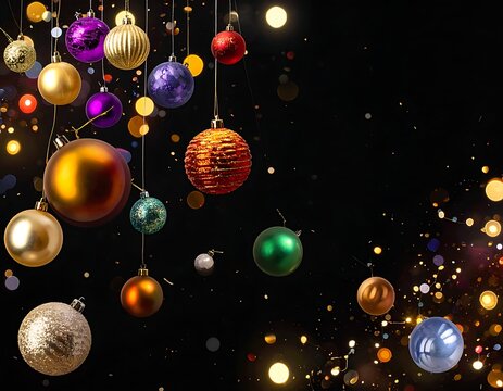 Colorful Christmas ornaments hanging in space.