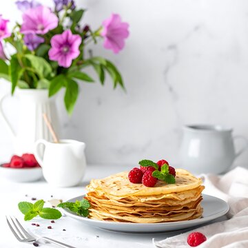 Delicious pancakes with fresh raspberries mint.