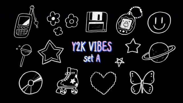 Set A of 2000s Hand Drawn Animated Sticker Elements, retro doodle icons, phone, floppy disk smile face, star planet roller skate butterfly pixel heart CD, transparent background, alpha channel