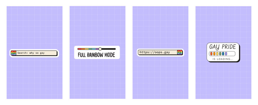 Set of Pride Month vertical banners with retro computer UI elements on grid background. 90s aesthetic social media story templates with rainbow search bar, loading bar, slider for LGBTQ events. Vector