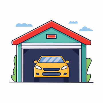 Yellow car parked in a modern garage with open door