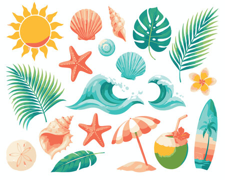 Tropical summer icons, beach vacation elements, palm leaves, seashells, starfish, waves