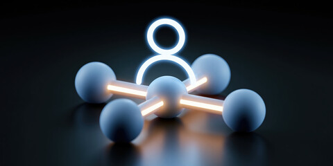Obraz premium Cybersecurity data network hub with glowing user node and connected spheres dark futuristic