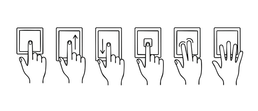 Touch screen gesture icons set showing finger swipe tap and pinch actions for tablet and smartphone user interface design, thin line vector illustration representing mobile device navigation controls.