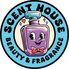 Retro scent house beauty and fragrance round logo with smiling perfume bottle mascot, blue circular frame, bold black lettering, and vintage halftone texture © Galih