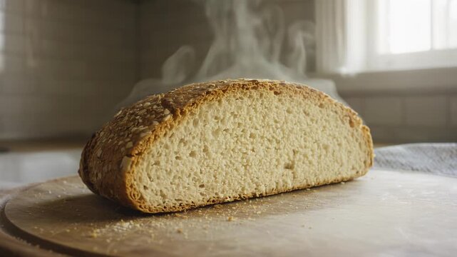 Freshly baked loaf of bread on wooden cutting board with steam rising, showcasing crusty exterior and soft interior in a cozy kitchen setting