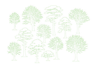 Fototapeta premium Minimalist green line art tree collection, set of 12 hand drawn botanical vector icons, organic forest plant sketches for landscape design