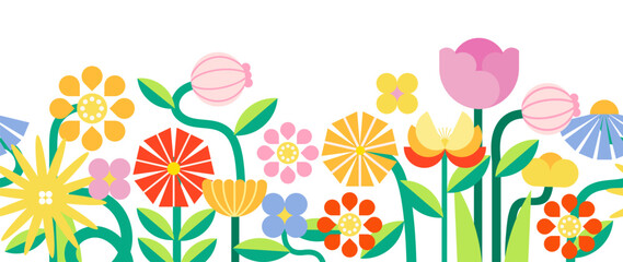 Fototapeta premium Spring floral border background vector. Colorful flat flowers and green leaves garden illustration design for greeting card, banner, invitation, seasonal poster and kids decoration.