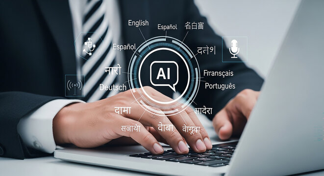 AI-Powered Communication: A professional in a sharp suit interacts with an AI-driven interface, demonstrating the cutting-edge fusion of technology and business communication.