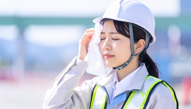タオルで汗を拭いている建築者