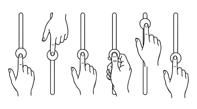 Hand adjusting slider control icon set, linear style vector illustration of fingers moving vertical audio console faders for music production, UI design, sound engineering, and digital interface setti