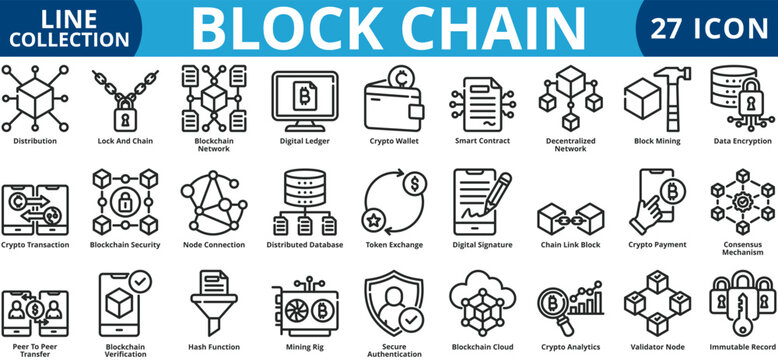 Blockchain icon set outline style icon set collection vector illustration