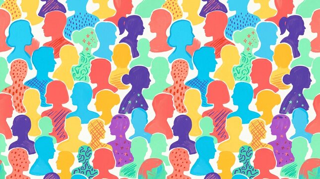 Diverse people silhouettes in colorful pattern, vibrant community crowd background, multicultural group of human profile heads for inclusion concept