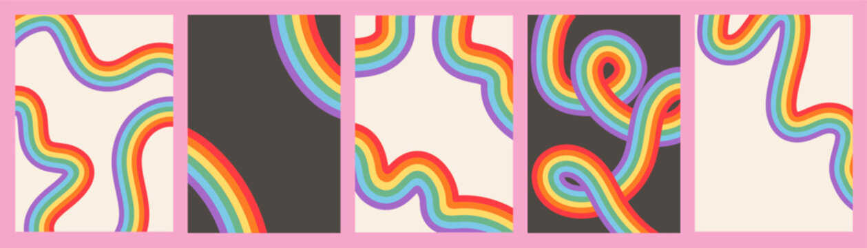 Queer Pride poster set with 70s retro rainbow wave and psychedelic curve. Minimalist LGBTQ gallery wall art, groovy mid-century modern vertical banner for inclusive home decor and social media. Vector