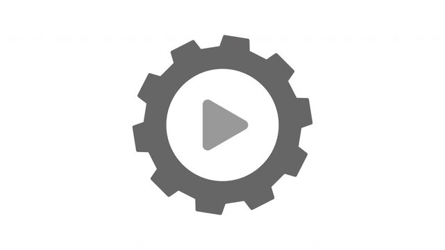Animated Gray Flat Gear Icon with Play Button Spinning, White to Transparent Background