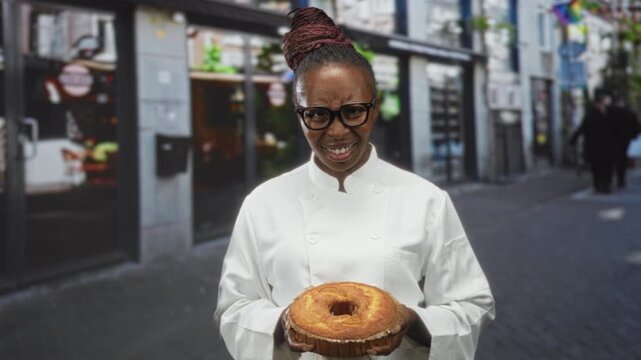African american woman chef holds bundt cake with both hands on a city street outside a bakery; pride craft baking.