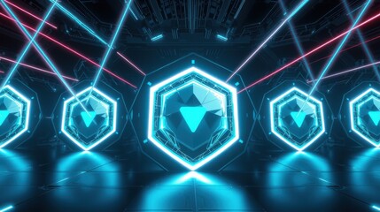 Fototapeta premium Futuristic corridor features glowing hexagonal panels, neon lights, dark metallic walls. Dramatic perspective creates immersive digital space.