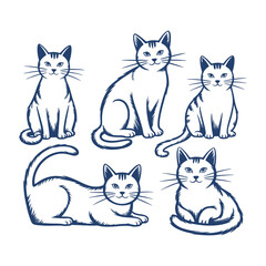 Fototapeta premium Collection of cats blue line drawing on white background