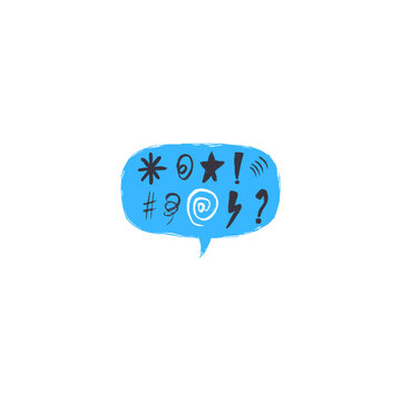 Minimalist illustration of a blue speech bubble containing handwritten math symbols, numbers, and a question mark, set against a plain light background.