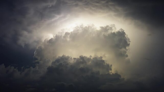 Dark storm clouds illuminated by lightning in the sky, showcasing a dramatic weather change with swirling formations and bright flashes in the background
