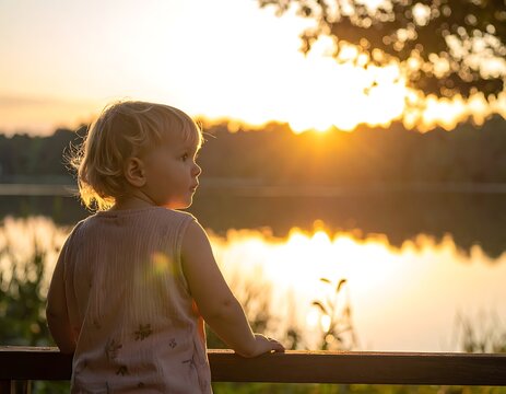 Peaceful child watching sunset by lake.