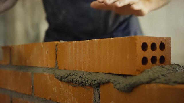 Skilled male bricklayer places a brick on top of a wall while applying mortar with a trowel, showcasing craftsmanship in a construction setting