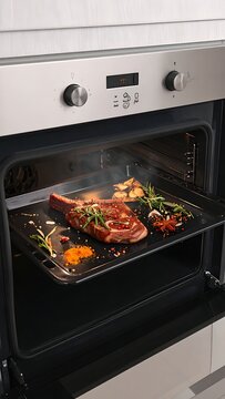 Roasted vegetables and meat in oven.