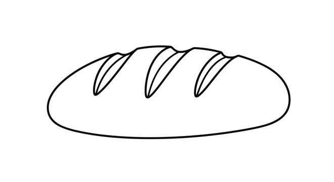 Simple black and white line art drawing of a freshly baked loaf of bread with distinctive crust cuts on its surface.