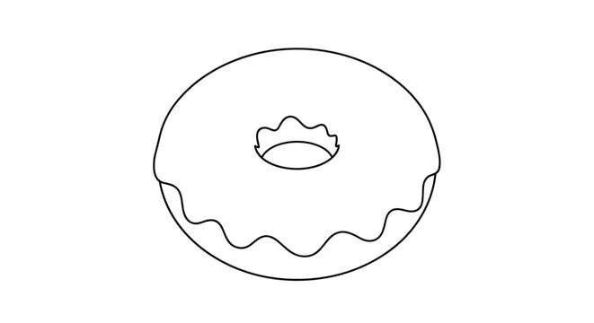 Minimalist line art illustration of a delicious donut with smooth frosting isolated on a clean white background for coloring books.