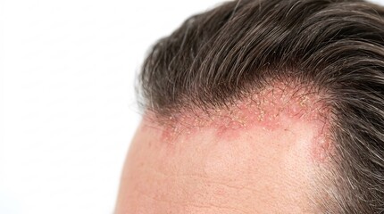 Fototapeta premium Macro shot of irritated scalp with redness and flaky skin along the frontal hairline of a person