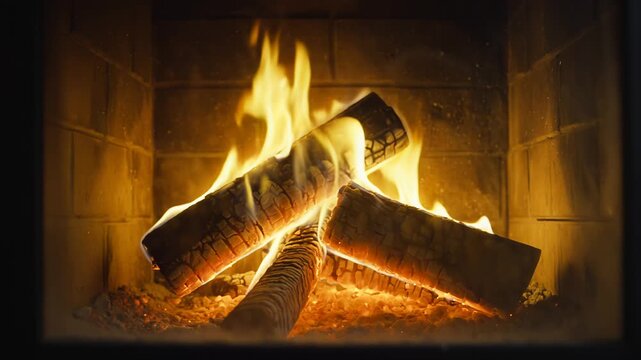 Flames dance around three logs in a cozy fireplace, creating a warm ambiance with glowing embers and a rustic brick background enhancing the inviting atmosphere