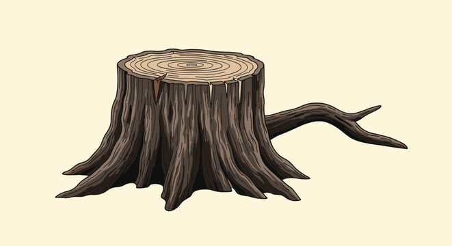 Detailed engraving style illustration of a tree stump with intricate bark textures and a broken branch on a plain background.
