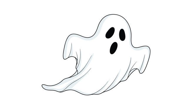 Minimalist line art illustration of a floating ghost with expressive eyes and mouth for spooky Halloween themed designs.