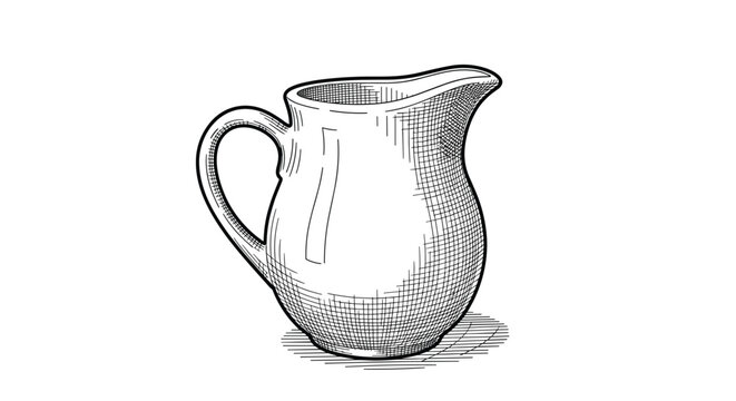 Vintage style hand drawn sketch of a small ceramic pitcher or milk jug with handle isolated on a white background for kitchen design.