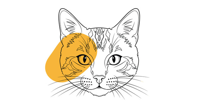 Minimalist line art illustration of a cat head with a decorative orange spot over one eye on a white background for animal lover designs.