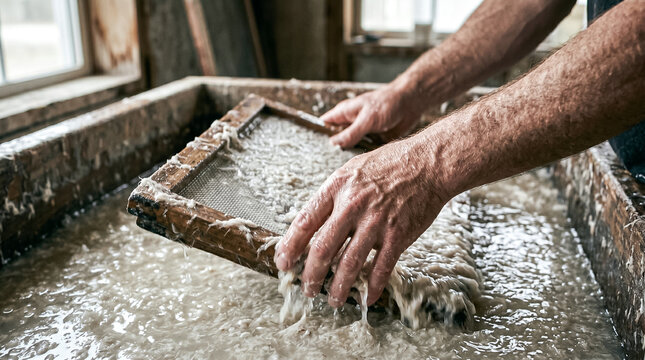 Skilled artisan meticulously creating sheets of recycled paper pulp, demonstrating sustainable crafting and traditional papermaking techniques in a rustic workshop