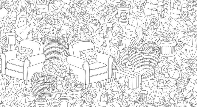 Intricate and dense black and white hidden object pattern featuring armchairs baskets pumpkins and various tiny items for coloring pages.