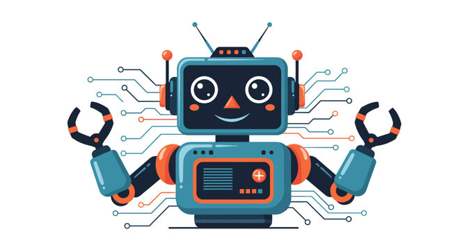 Cute friendly blue robot with a happy face and claw hands surrounded by glowing electronic circuit board pattern lines.