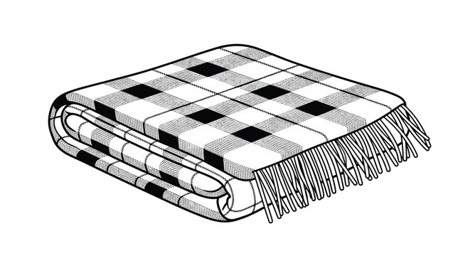 Folded checkered plaid blanket with fringe detail in black and white for home comfort and winter warmth themes.